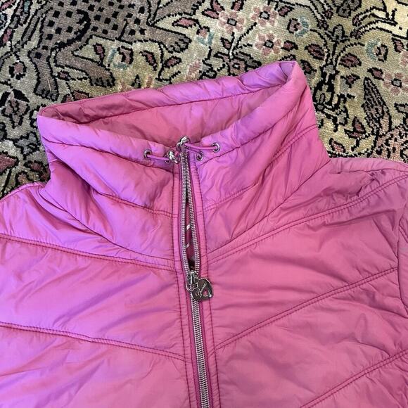 GUESS Pink Quilted Women’s Puffer Zip-Up Jacket Silver Heart Detail Size XL - Picture 8 of 12